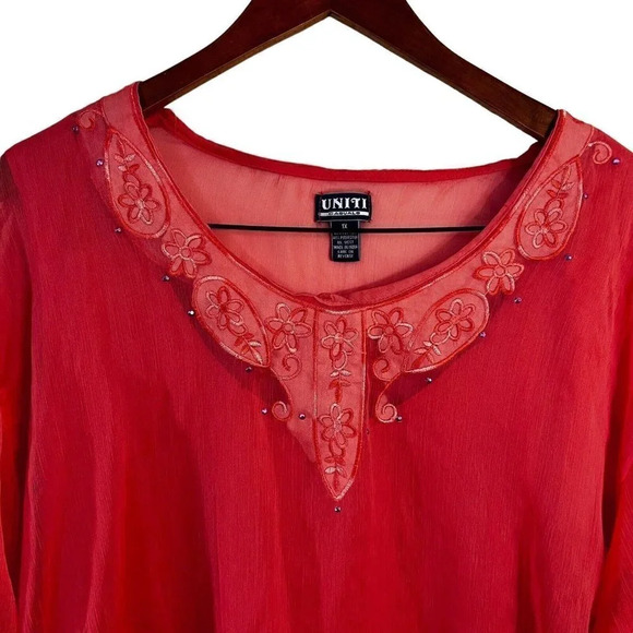 Uniti Casuals Vintage Peach Womens Blouse 1X Embroidered Flower Rhinestone Sheer - Picture 3 of 7